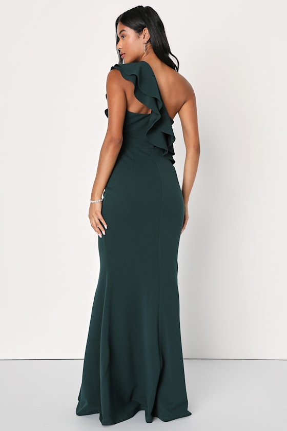 Grand Beauty Emerald Ruffled One-Shoulder Mermaid Maxi Dress