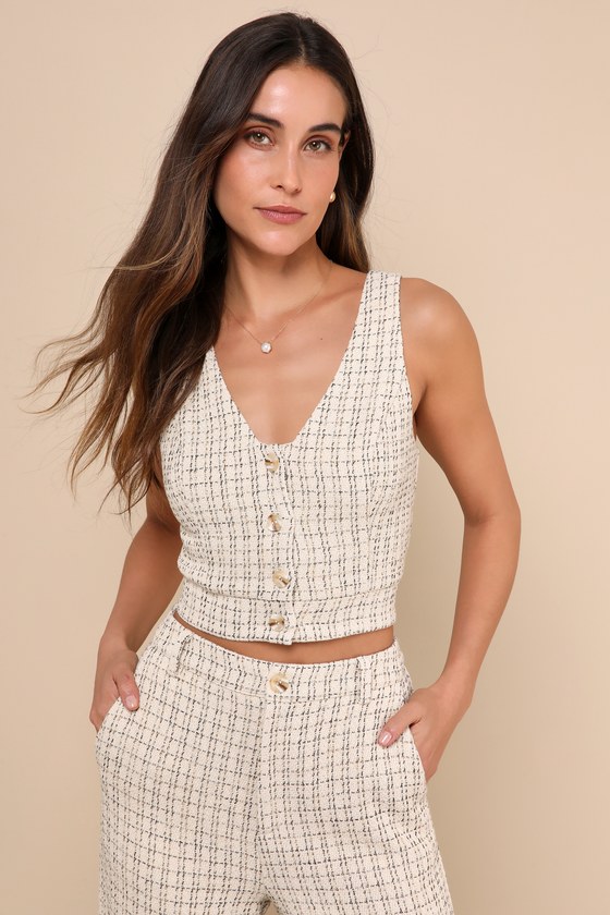 Posh Perception Ivory and Black Plaid Tweed Cropped Button Top