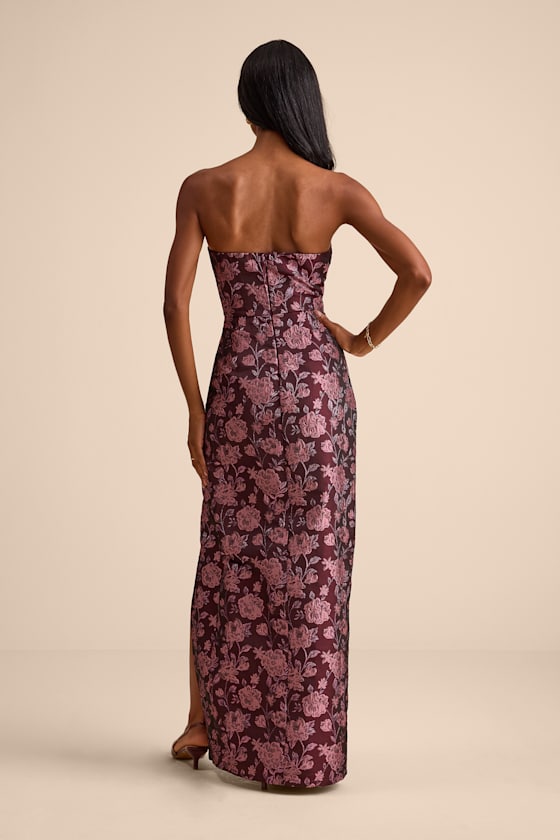 D’Amore Plum Floral Jacquard Strapless Tulip Maxi Dress