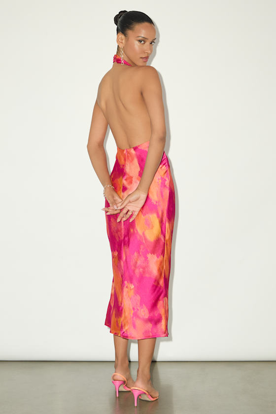 Beyond Classy Pink Multi Abstract Print Satin Halter Midi Dress