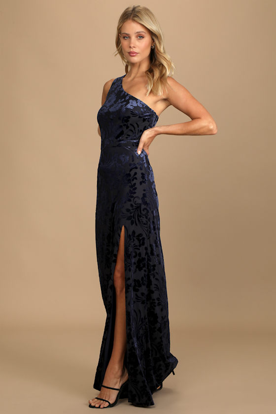Marvelous Moi Navy Blue Burnout Velvet One-Shoulder Maxi Dress