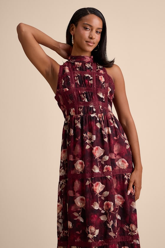 Etheline Burgundy Floral Lace Tiered Midi Dress