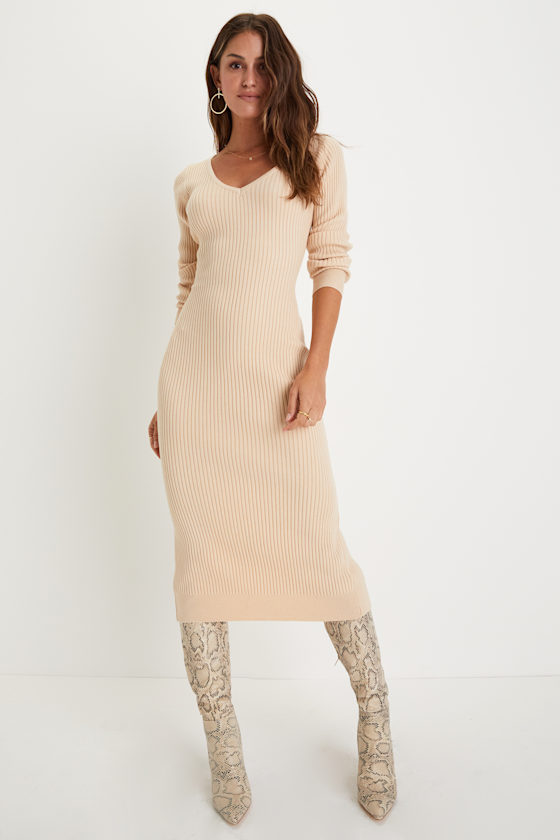 Everyday Beauty Beige Long Sleeve Ribbed Knit Sweater Dress