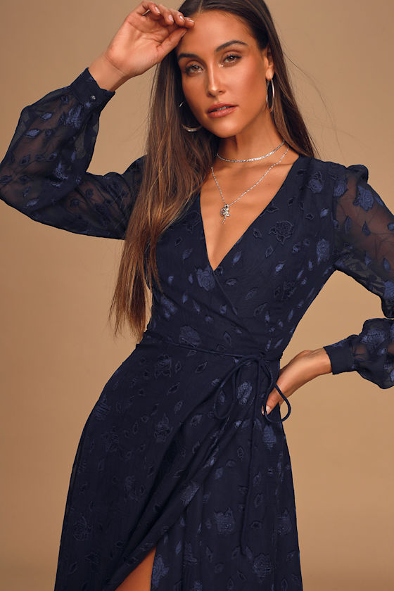 Evening of Elegance Navy Blue Floral Jacquard Wrap Midi Dress