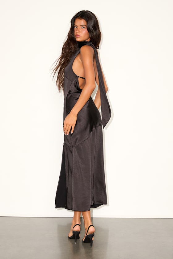 Reglan Black Satin One-Shoulder Sash Midi Dress