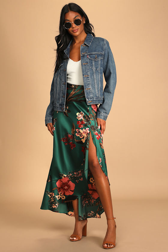 Superbly Stunning Emerald Green Floral Print Satin Maxi Skirt