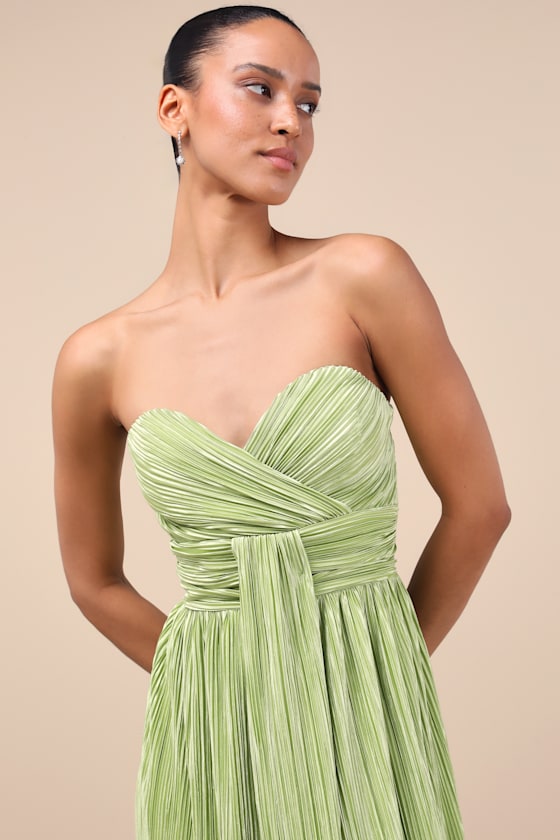 Oswin Lime Green Satin Plisse Strapless Maxi Dress
