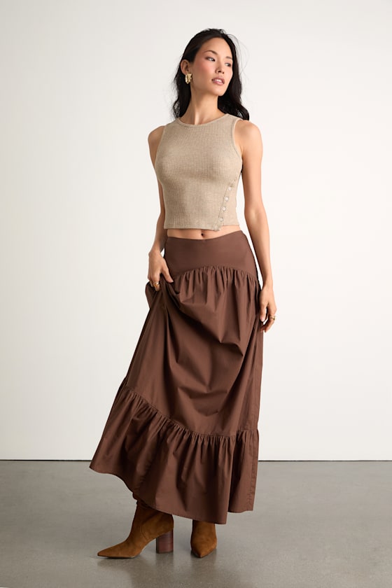 Juniper Dark Brown Cotton Mid-Rise Maxi Skirt