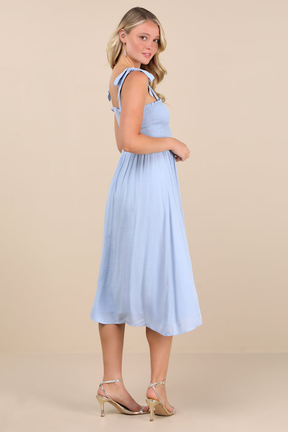 Looking Up Light Blue Smocked Tie-Strap Midi Dress