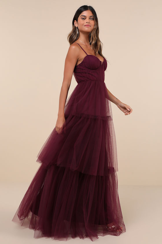 Unforgettable Poise Plum Purple Tulle Bustier Tiered Maxi Dress