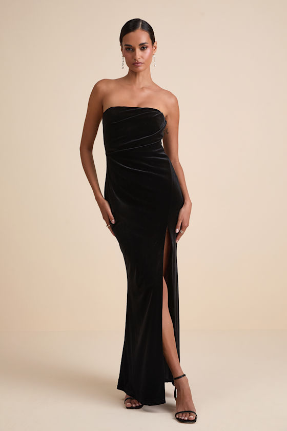 Perfectly Captivating Black Velvet Strapless Maxi Dress