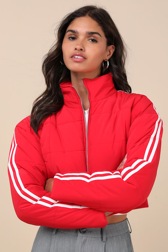Impressively Posh Red Nylon Quilted Cropped Puffer Jacket