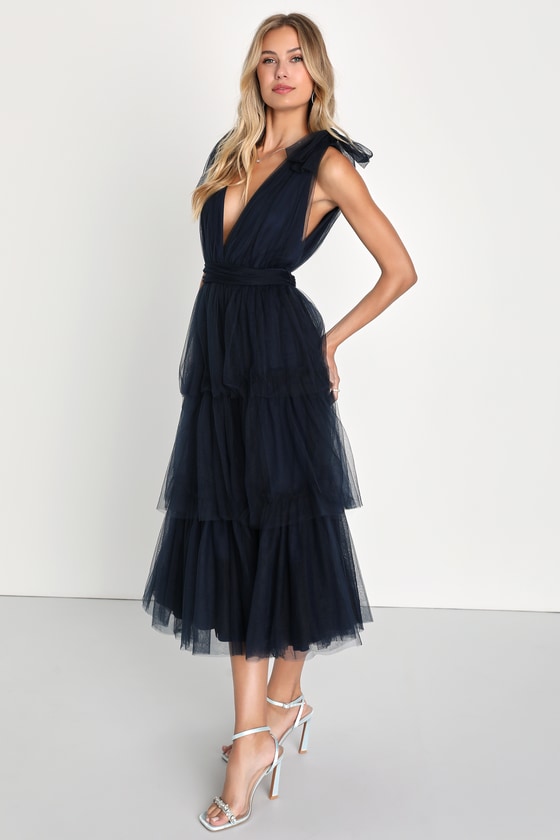 Flawless Arrival Navy Blue Tulle Tie-Strap Tiered Maxi Dress