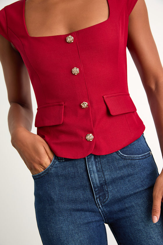 Azora Red Button-Front Cap Sleeve Top