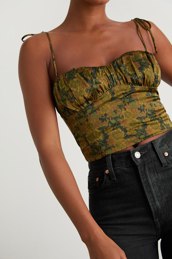 Raissa Olive Green Floral Satin Tie-Strap Crop Top