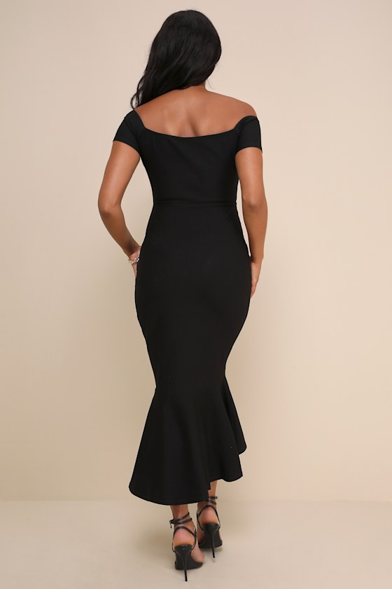 How Much I Care Black Off-the-Shoulder Midi Dress