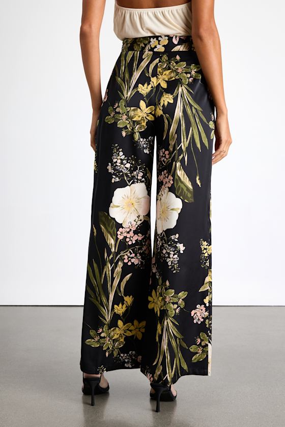 Thriving Vibes Black Multi Floral Print Satin Wide-Leg Pants