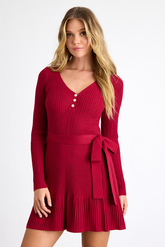 Cozy Poise Red Henley Long Sleeve Mini Sweater Dress
