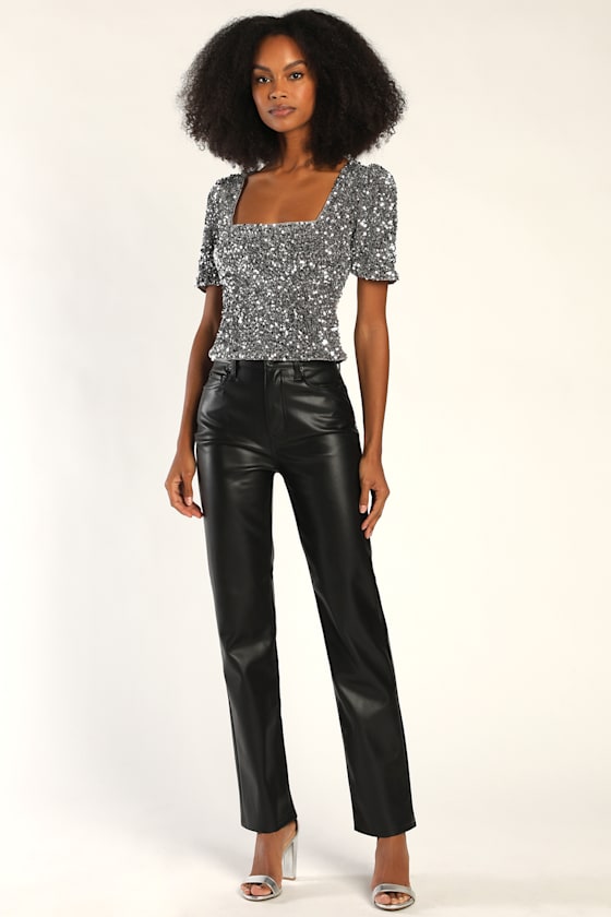 Sparkling Marvel Silver Sequin Square Neck Crop Top