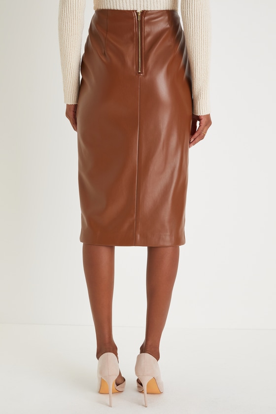 Mireya Brown Vegan Leather Pencil Skirt