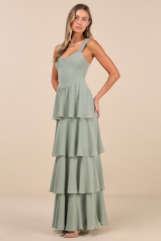 Carlynda Sage Brush Tiered Bustier Maxi Dress