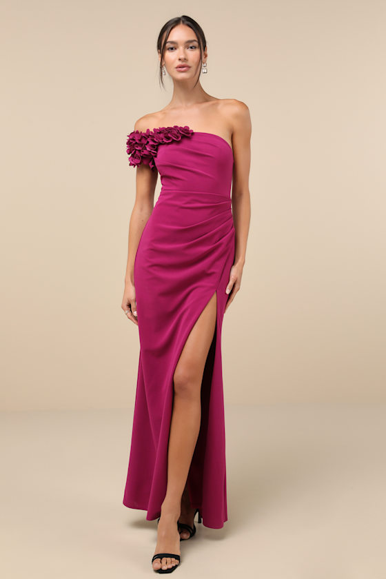 Beyond Elegant Magenta 3D Floral One-Shoulder Maxi Dress