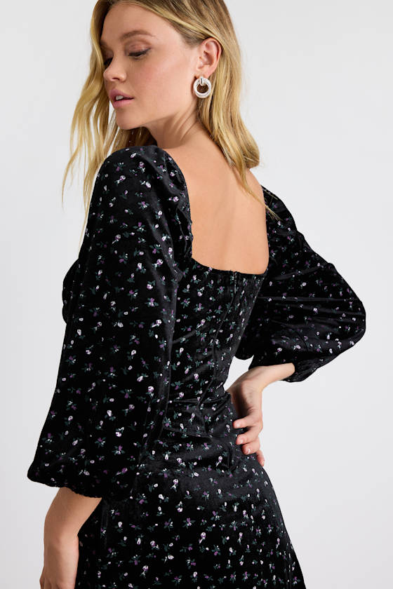 Adored Perfection Black Floral Velvet Balloon Sleeve Mini Dress