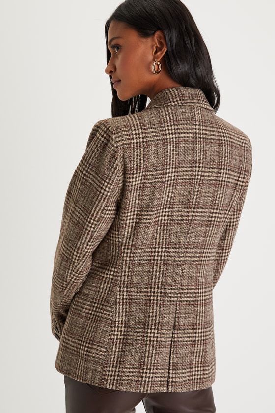 Sophisticated Chic Brown Plaid Tweed Blazer