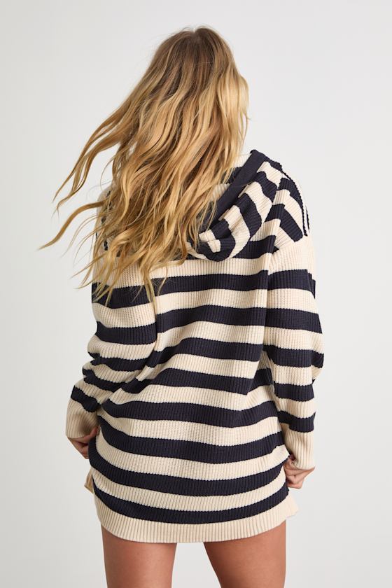 Cuddled Up Days Ivory and Navy Striped Hooded Mini Sweater Dress