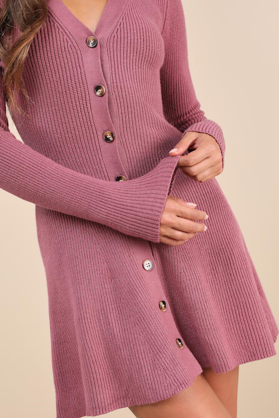 Adorably Flirty Mauve Pink Button-Front Sweater Mini Dress