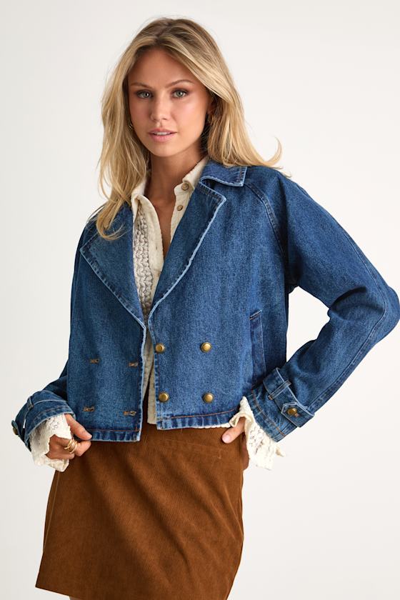 Abria Medium Wash Denim Double-Breasted Cropped Jacket