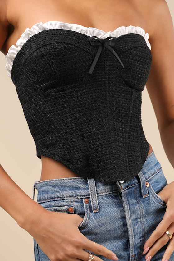 Polished Chicness Black Tweed Bustier Ruffled Crop Top