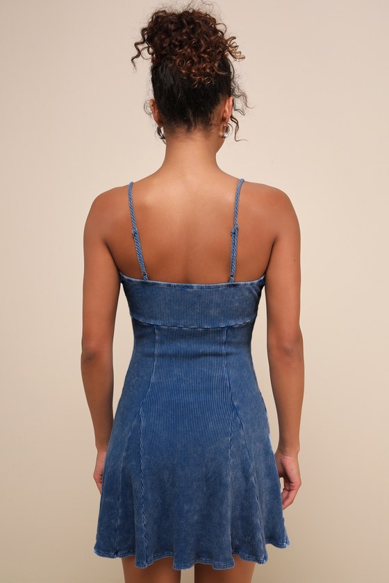 Simply Pretty Washed Blue Ribbed Pleated Sleeveless Mini Dress