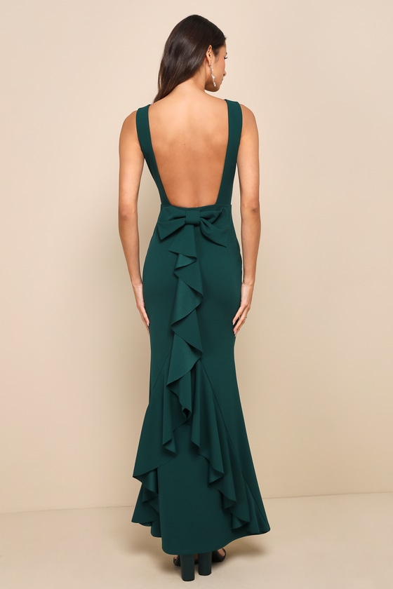 Exquisite Refinement Emerald Backless Bow Ruffled Maxi Dress