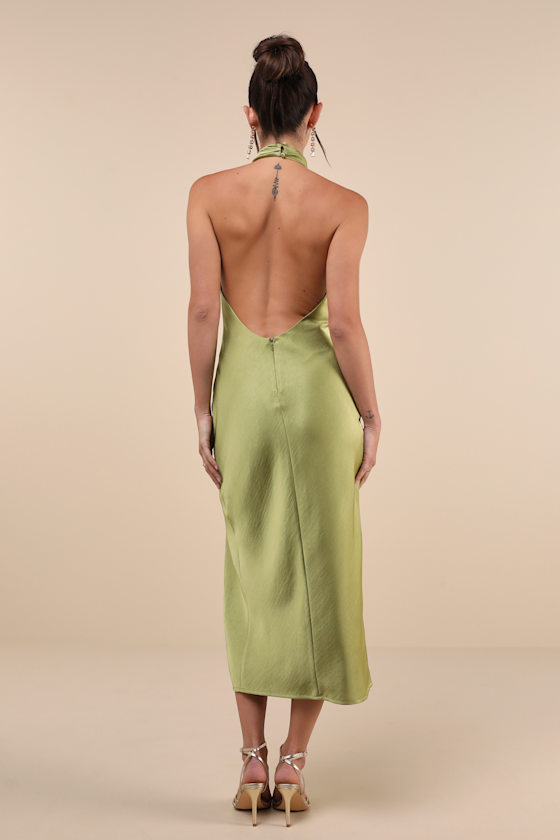 Beyond Classy Chartreuse Satin Halter Midi Dress