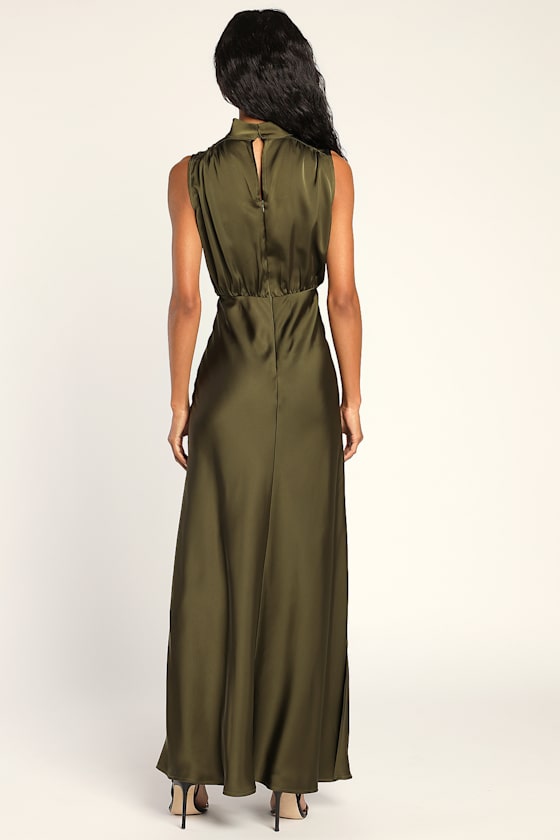 Classic Elegance Olive Satin Sleeveless Mock Neck Maxi Dress