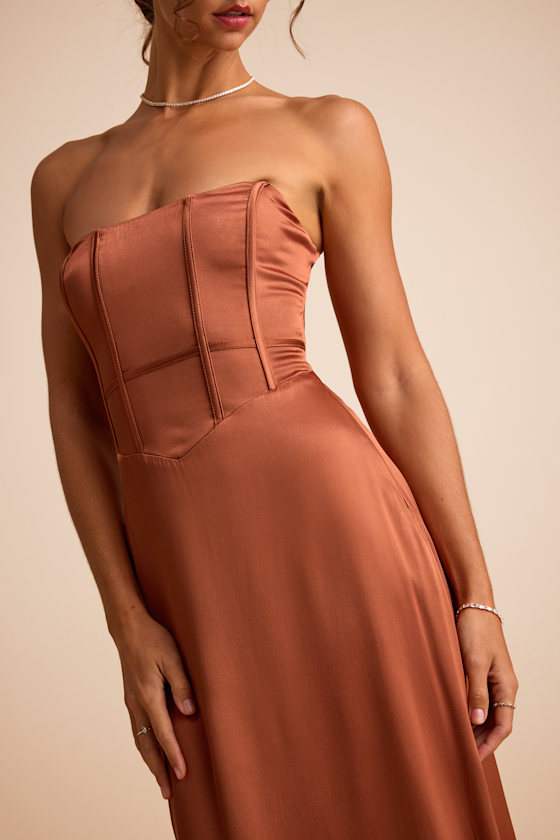 Extraordinary Presence Rust Brown Satin Strapless Maxi Dress