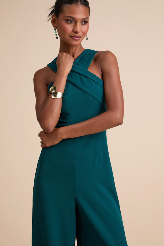Criss-Cross Your Mind Emerald Cross-Front Wide-Leg Jumpsuit