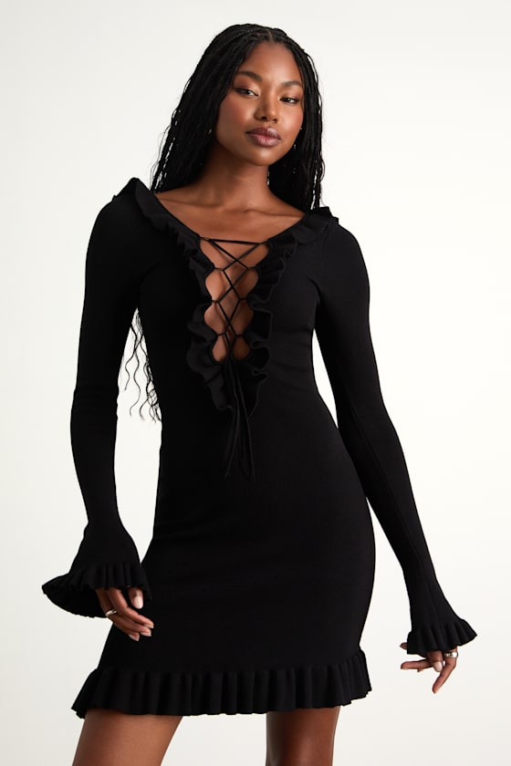 Haylea Black Ribbed Lace-Up Ruffled Sweater Mini Dress