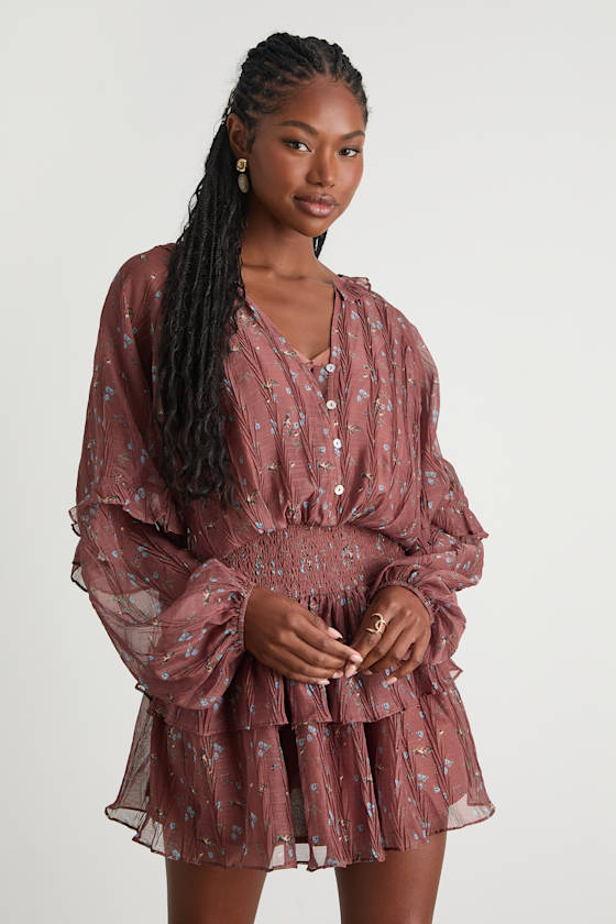 Christy Rust Floral Button-Front Long Sleeve Mini Dress