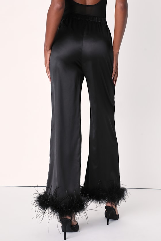 Dreamiest Delight Black Satin Feather Two-Piece Pajama Set