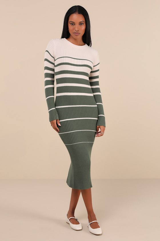Seasonal Status Green and Cream Striped Midi Sweater Dress