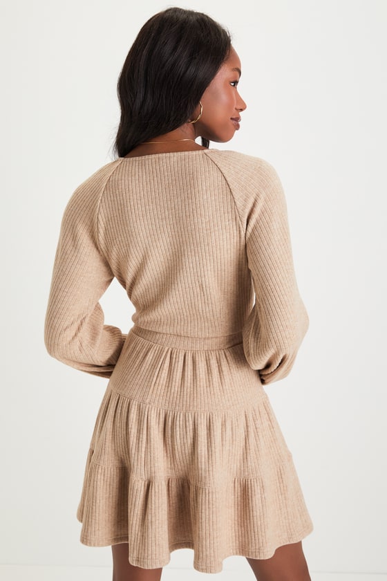 Adorable Option Heather Beige Long Sleeve Mini Sweater Dress