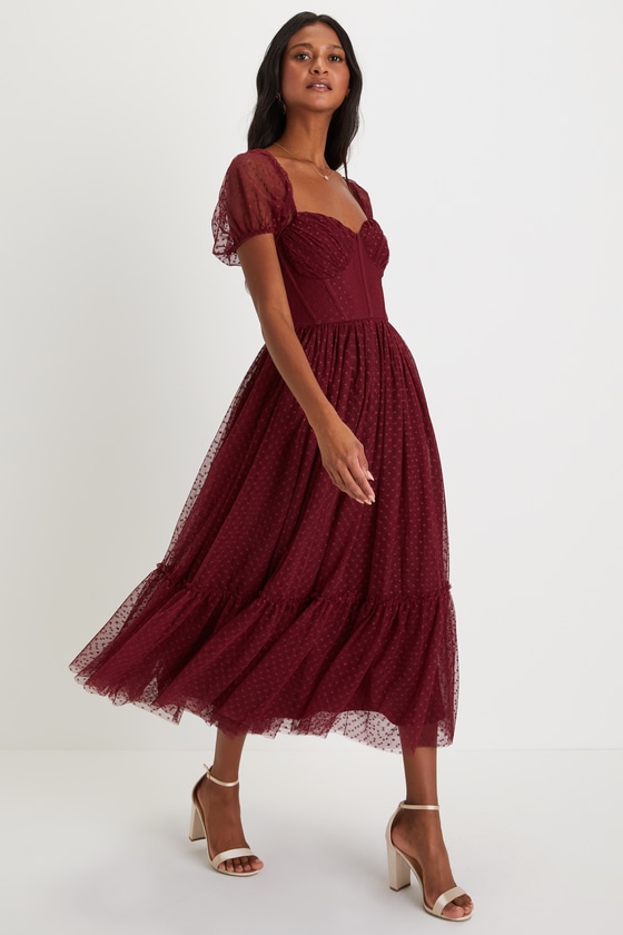 Sweet Amor Burgundy Tulle Swiss Dot Tiered Bustier Midi Dress