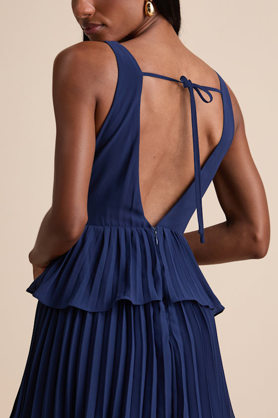 Mesmerizing Essence Navy Pleated Backless Tiered Maxi Dress
