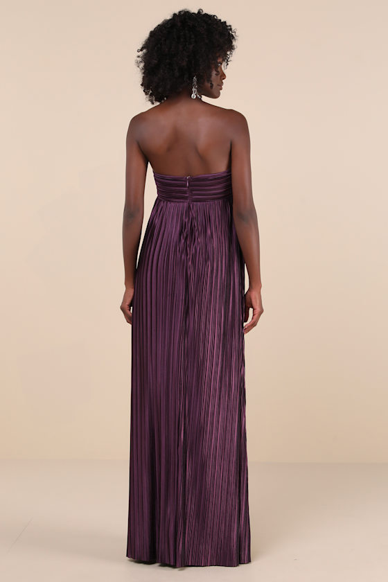 Whimsical Beauty Dark Purple Satin Plisse Strapless Maxi Dress