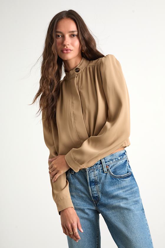 Melanya Tan Puff Sleeve Cropped Bubble-Hem Jacket