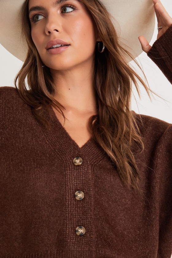 Cozy Ease Heather Brown Button-Up Cropped Cardigan Sweater