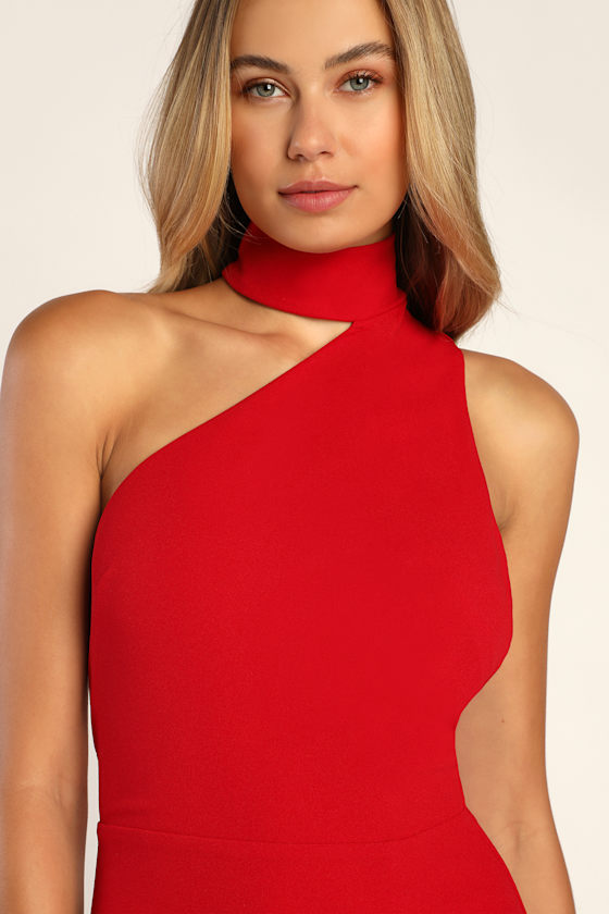 Keep It Interesting Red Asymmetrical Cutout Halter Maxi Dress