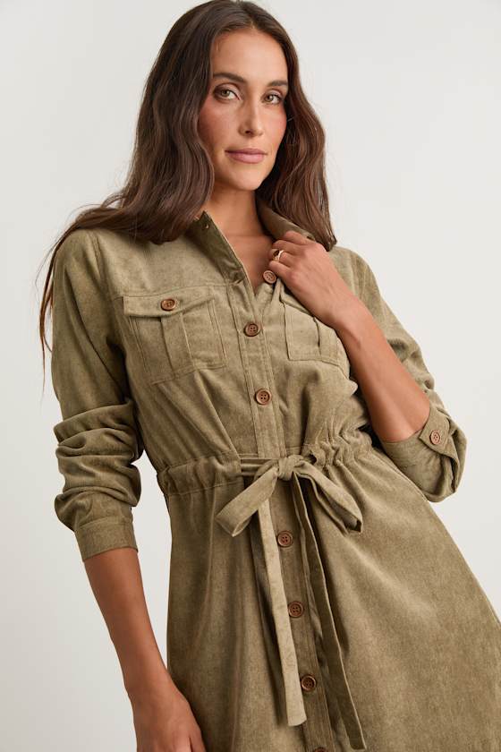 Simple Affection Olive Corduroy Mini Dress With Pockets